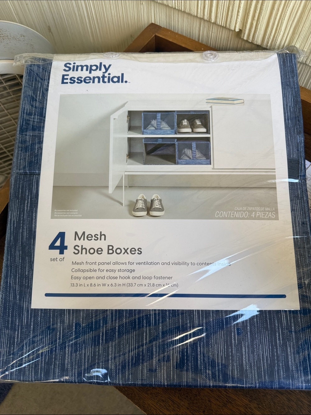 Simply Essential Set of 4 Mesh Shoe Boxes Blue with White Stripes New